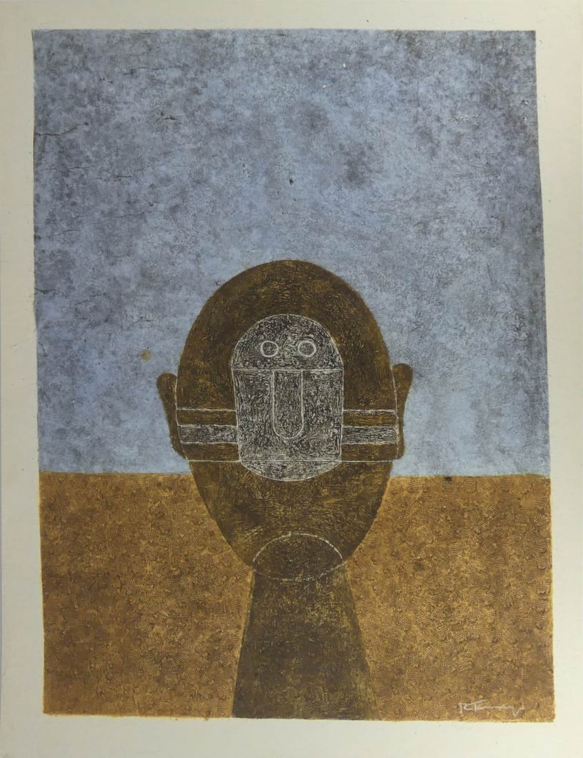 RUFINO TAMAYO 'CABEZA SOBRE FONDO AZUL': Rufino Tamayo 'Head on Blue Background' print in colors on wove paper. Signed in the plate lower right. Sheet measures 36" x 27 3/4".