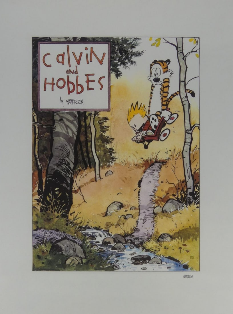 BILL WATERSON 'CALVIN & HOBBES' PRINT IN COLORS: After Bill Watterson 'Calvin and Hobbes' print in colors. Signed in the plate lower right. Sheet measures 22 1/4" x 17".
