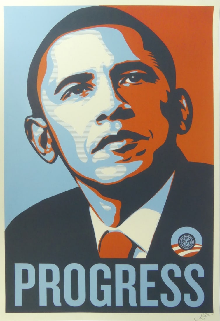 SHEPARD FAIREY 'OBAMA PROGRESS' POSTER: Shepard (Sheppard) Fairey (American, b. 1970) poster titled 'Progress' depicting Barack Obama. Pencil signed lower right. Measures 35 7/8" x 24 3/4".