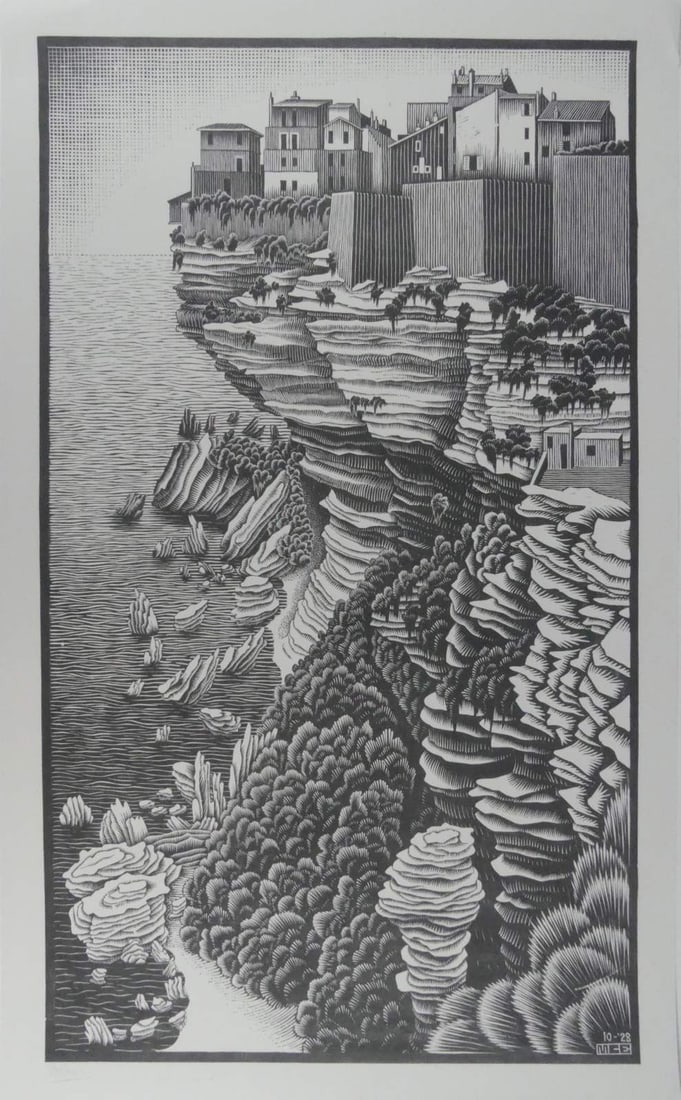 M.C. ESCHER 'BONIFACIO' OFFSET LITHOGRAPH: Maurits Cornelis Escher 'Bonifacio' offset lithograph after the original plate. Signed in the plate lower left. Sheet measures 32 1/4" x 19 3/4".