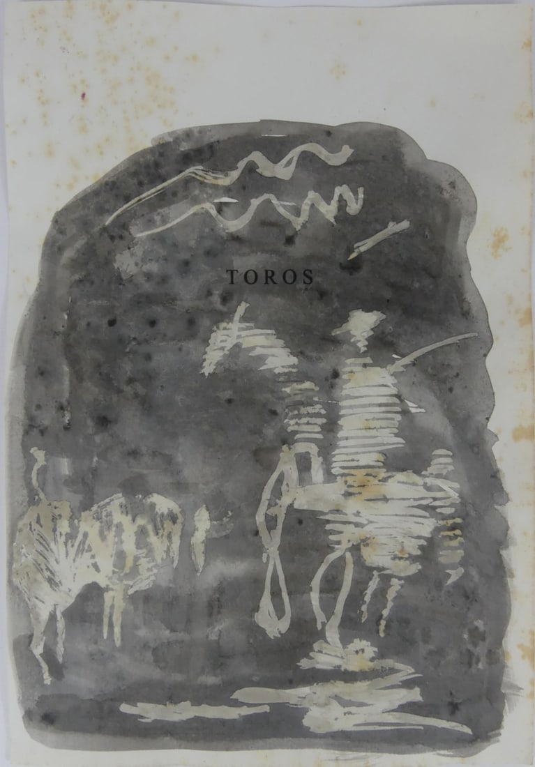 PICASSO 'TOROS' MIXED MEDIA ON BOOK PAGE: Attributed to Pablo Picasso 'Toros' mixed media painting on book page depicting a picador and bull. Dedication in pencil to verso. No apparent signature. Sheet measures 11 5/8" x 8 1/4".