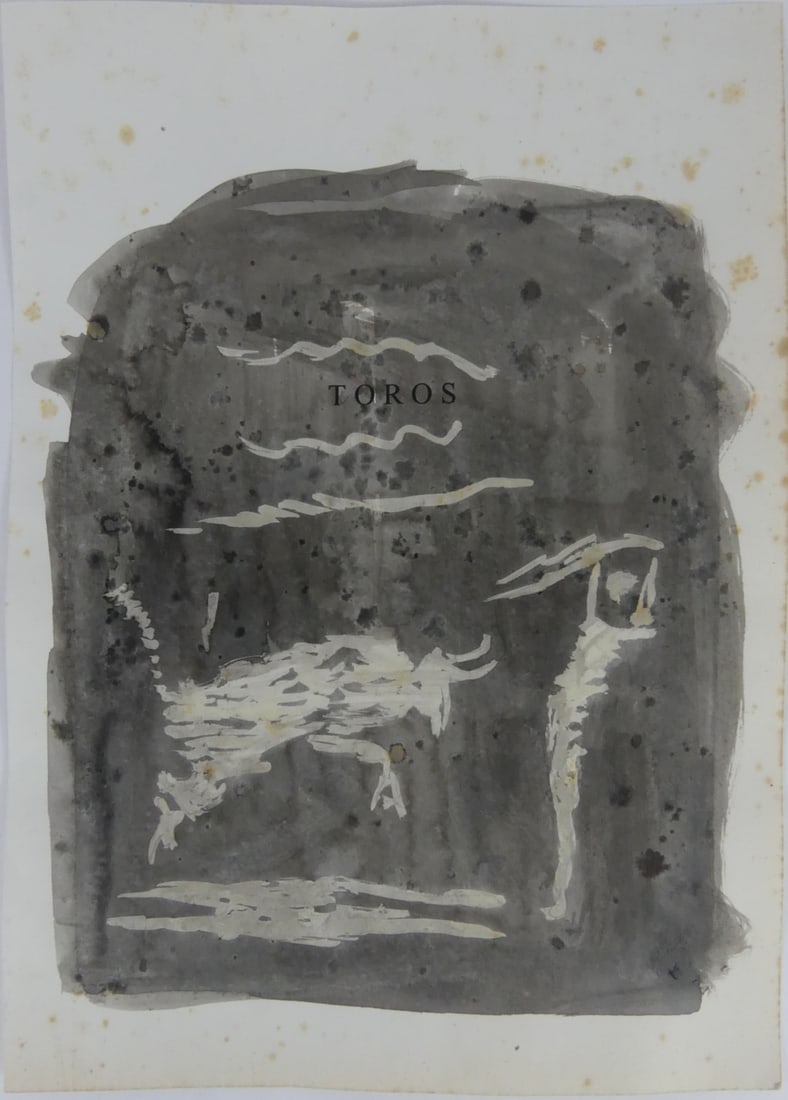 PICASSO 'TOROS' MIXED MEDIA ON BOOK PAGE: Attributed to Pablo Picasso 'Toros' mixed media painting on book page depicting a matador and bull. Dedication in pencil to verso. No apparent signature. Sheet measures 11 5/8" x 8 1/4".