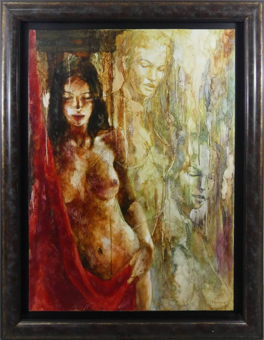 JEAN-MARC ANGUENOT 'NUDE' OIL PAINTING ON CANVAS: Jean Marc Anguenot (French, b. 1970) oil painting on canvas depicting a young nude woman. Signed and dated 2003 lower right. Viewable measures 39 1/2" x 28 3/4". Frame measures 47 1/2" x 37" x 2 1/2".
