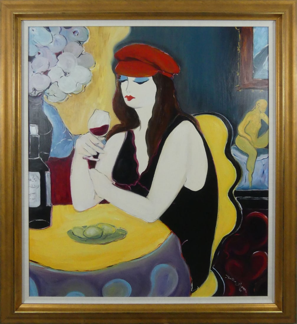 MARTINE LEPORE 'CAFE SCENE' OIL PAINTING ON CANVAS: Martine Lepore oil painting on canvas depicting a French cafe scene with woman drinking a glass of wine. Signed and dated 2005 lower right. Viewable measures 35 3/4" x 29 1/2". Frame measures 42 3/4"