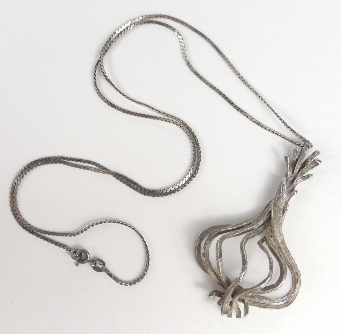 CLAUS GEORG MELCHER STERLING PENDANT w CHAIN: Claus Georg Melcher Danish sterling silver pendant with 25" sterling silver chain. Pendant measures 2 1/2" x 1 1/2".