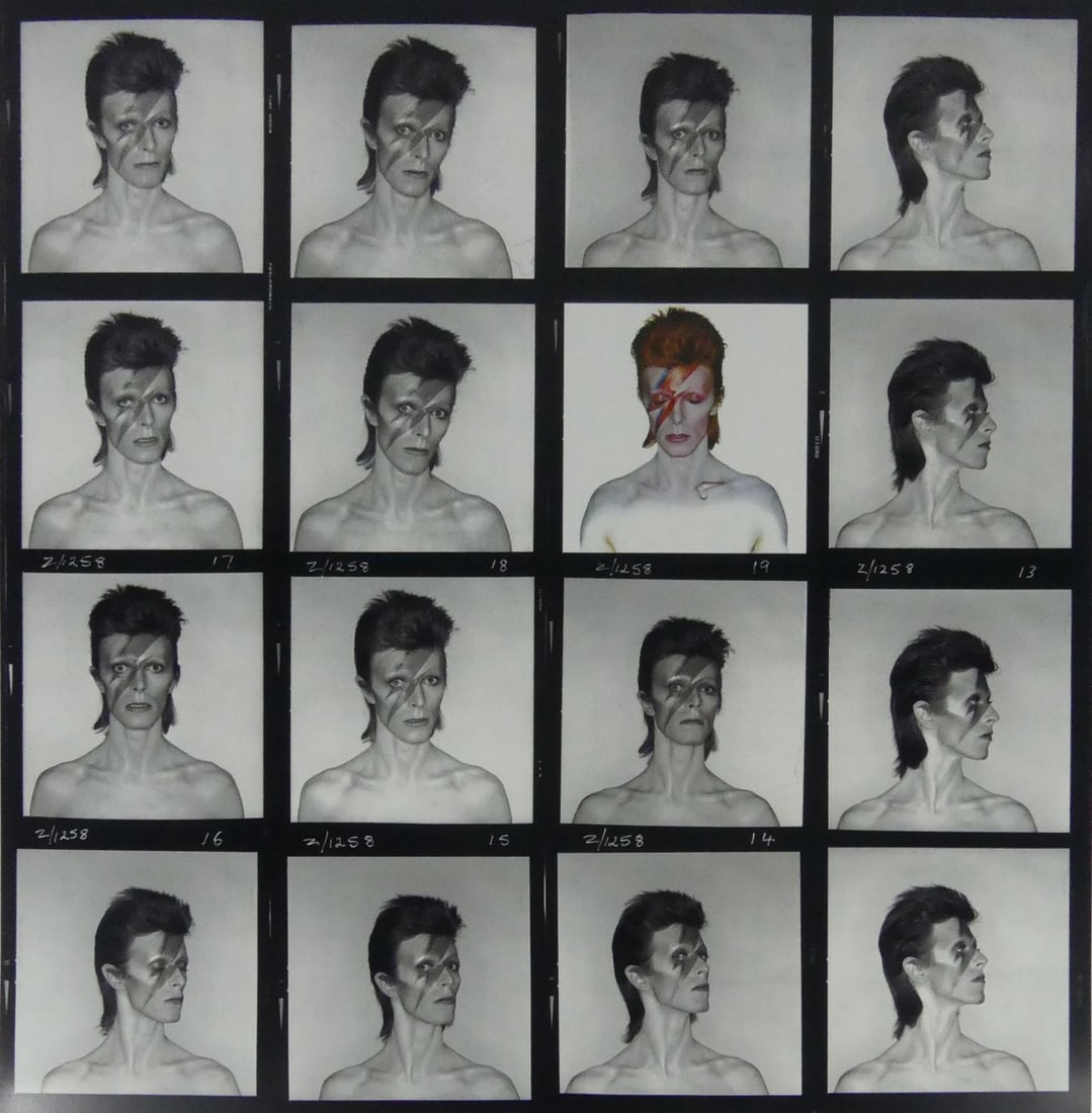 BRIAN DUFFY 'DAVID BOWIE, ALADDIN SANE' CONTACT: Brian Duffy 'David Bowie, Aladdin Sane' contact sheet print. Sheet measures 22" x 21 5/8".