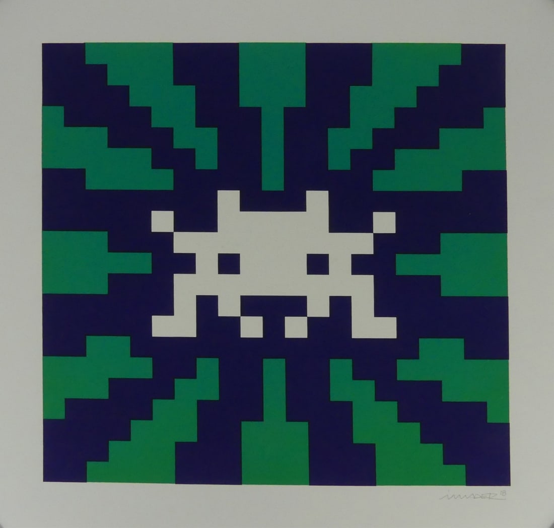 INVADER 'SUNSET (BLUE AND GREEN)': Invader 'Sunset (Blue and Green)' color print on wove paper, aside from the edition of 100. Signed and dated in the plate lower right. Sheet measures 16" x 16".