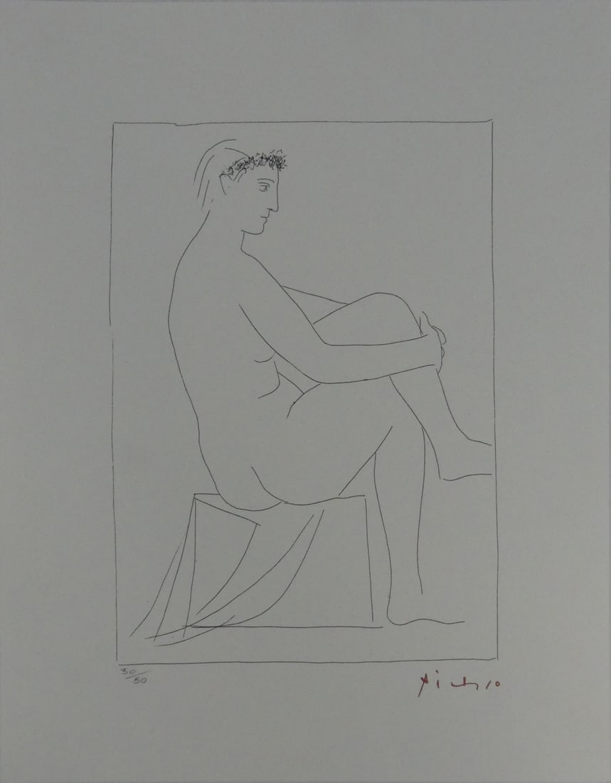 PABLO PICASSO 'NUDE WOMAN CROWNED WITH FLOWERS': Pablo Picasso 'Nude Woman Crowned with Flowers' lithograph. Signed in the plate lower right. Numbered in pencil 30/50 lower left. Marked to verso. Sheet measures 17 1/2" x 13 3/8".