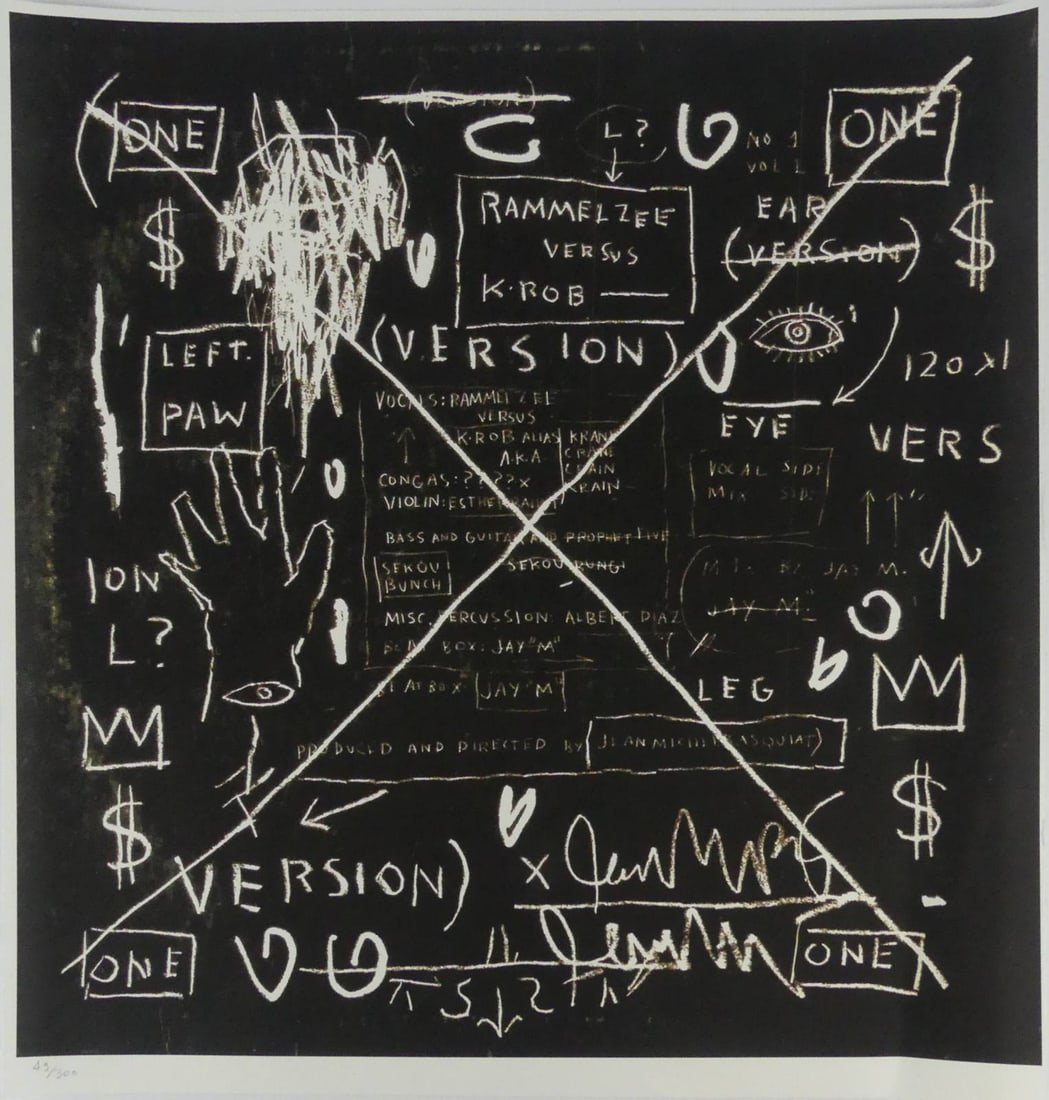 JEAN-MICHEL BASQUIAT 'BEAT POP': Jean-Michel Basquiat 'Beat Pop' print on laid paper. Numbered in pencil 43/300 lower left. Sheet measures 20" x 19 1/2".