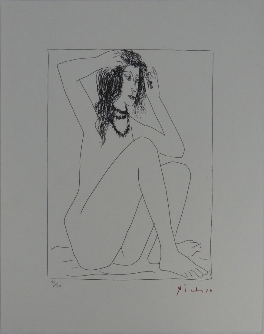 PABLO PICASSO 'NUDE CROWNING HERSELF WITH FLOWERS': Pablo Picasso 'Nude Woman Crowing Herself with Flowers' lithograph. Signed in the plate lower right. Numbered in pencil 41/50 lower left. Marked to verso. Sheet measures 17 1/2" x 13 3/8".