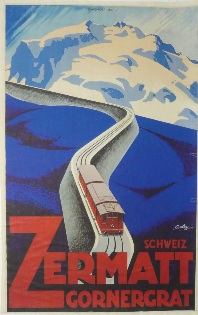 ZERMATT GORNERGRAT SWISS ALPS POSTER: Zermatt Gornergrat ski poster with train. Mounted to canvas. Print date unknown. Sheet measures 39 3/4" x 24 3/4".