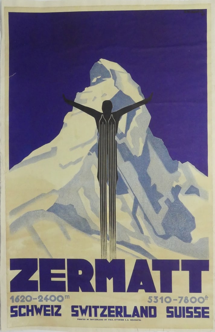 ZERMATT SWISS SKI POSTER: Zermatt Switzerland Swiss Ski poster. Mounted to canvas. Print date unknown. Sheet measures 39 1/8" x 25".