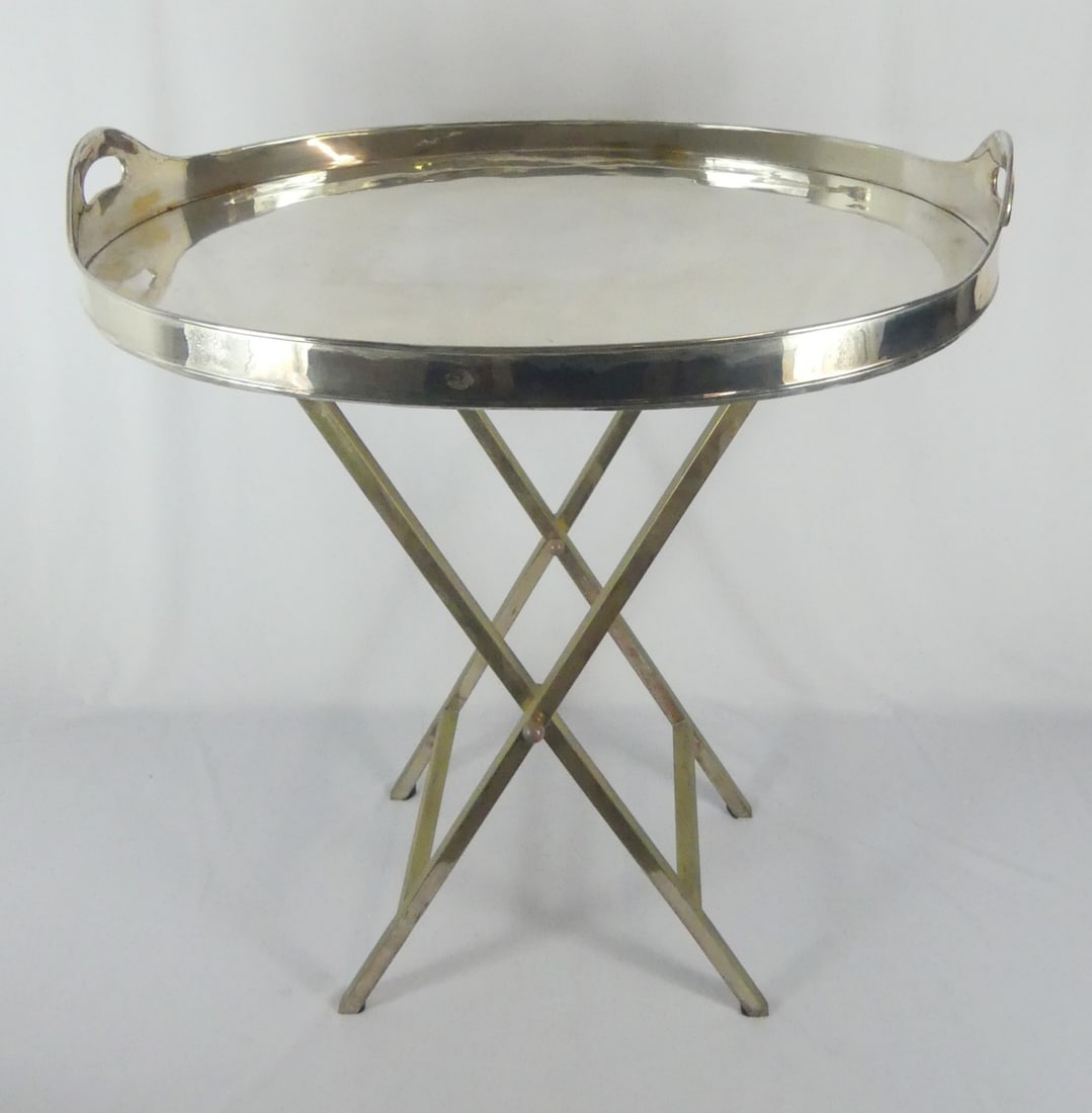 LARGE SILVER PLATED SERVING TRAY w FOLDING STAND (1 of 7)