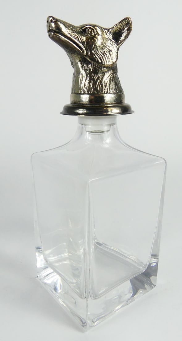 ENGLISH GLASS & SILVER FOX HEAD DECANTER (1 of 7)