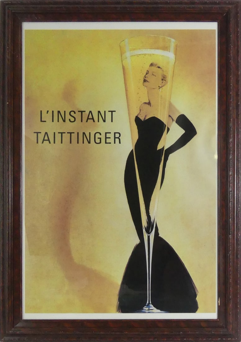 L'INSTANT TAITTINGER FRENCH CHAMPAGNE POSTER: L'instant Taittinger Grace Kelly French champagne advertising poster. Frame measures 41 1/4" x 29 1/4" x 1 1/2".