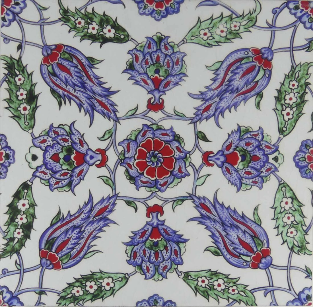 IZNIK OTTOMAN STYLE CERAMIC POTTERY TILE: Iznik Ottoman style ceramic tile depicting stylized flowers and foliage. Measures 11 3/4" x 11 5/8".
