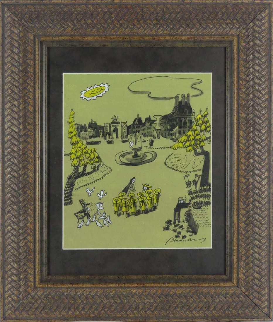 LUDWIG BEMELMANS 'TUILERIES GARDENS' MIXED MEDIA: Style of Ludwig Bemelmans mixed media on paper. Depicts Tuileries Gardens near the Louvre in Paris. Signed lower right. Viewable measures 10 3/8" x 8 1/2". Frame measures 19" x 16" x 1".
