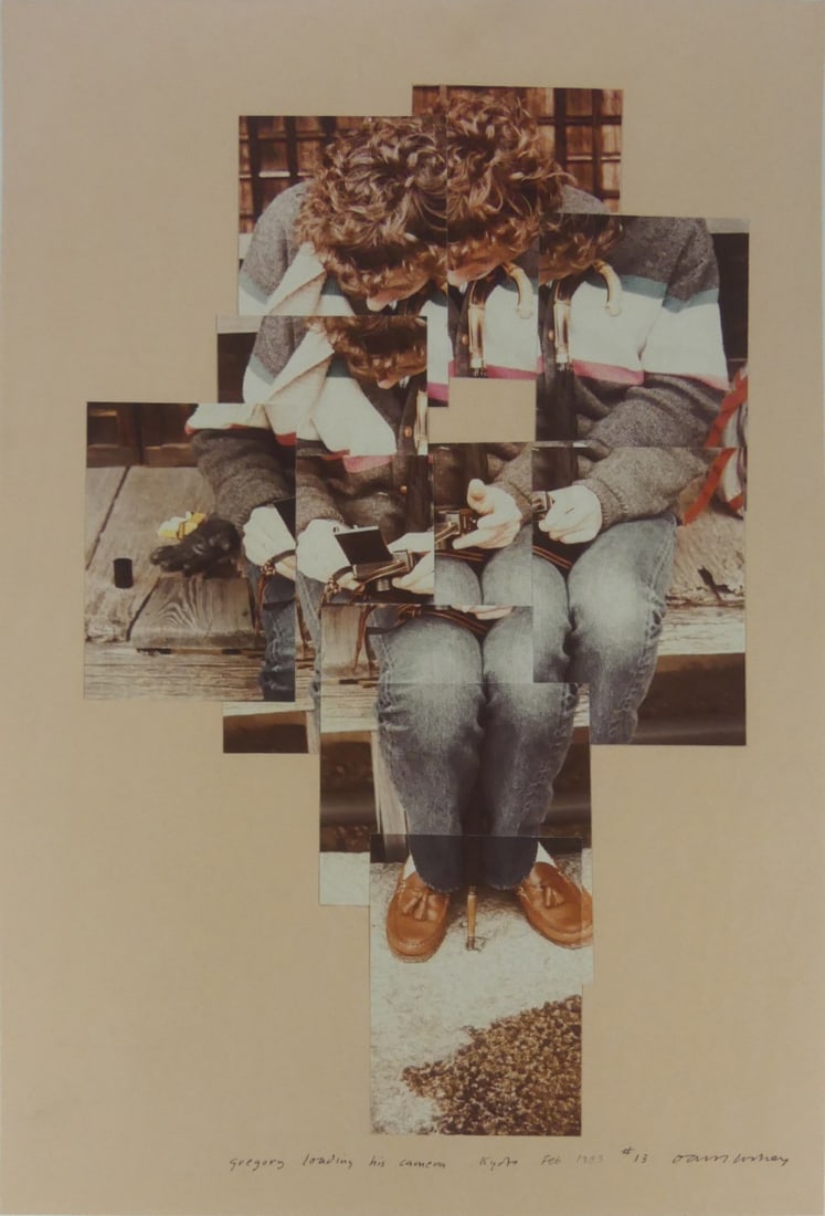 DAVID HOCKNEY 'GREGORY LOADING HIS CAMERA': David Hockney print in colors depicting a collage of photographs. Signed, titled and dated in the plate. Sheet measures 22" x 13 3/4".