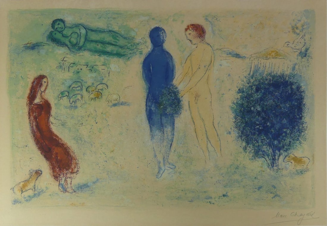 MARC CHAGALL 'CHLOE'S JUDGEMENT' DAPHNIS & CHLOE: After Marc Chagall 'Chloe's Judgement' from Daphnis & Chloe print in colors on wove paper. Signed in the plate lower right. Sheet measures 30 5/8" x 21".