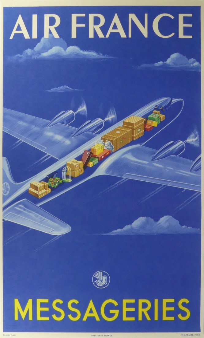 AIR FRANCE MESSAGERIES TRAVEL POSTER: Air France - Messageries travel poster by Badia Vilato. Print date unknown. Sheet measures 39 1/2" x 23 3/4".