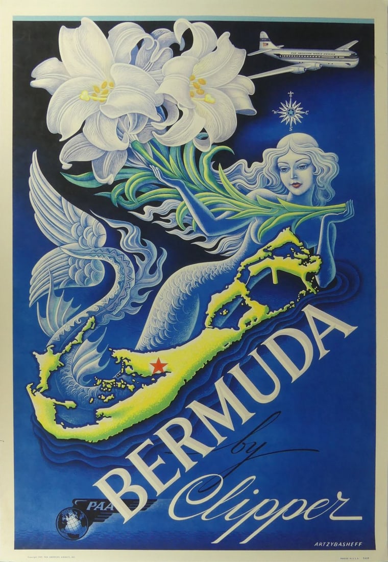BORIS ARTZBASHEFF BERMUDA CLIPPER TRAVEL POSTER: Bermuda by Clipper travel poster. Pan American Airways. Printed later. Sheet measures 40 3/4" x 28".
