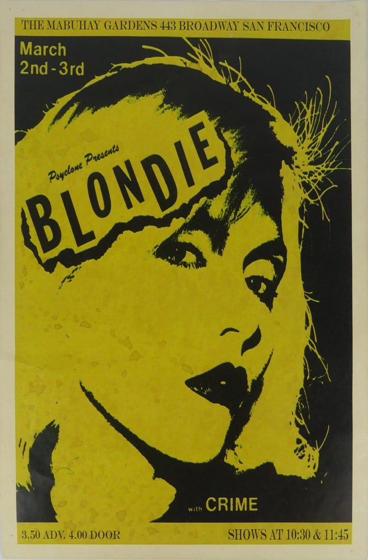 BLONDIE CONCERT POSTER: Psyclone Presents Blondie with Crime, The Mabuhay, San Francisco concert poster. Print date unknown. Sheet measures 18" x 12".