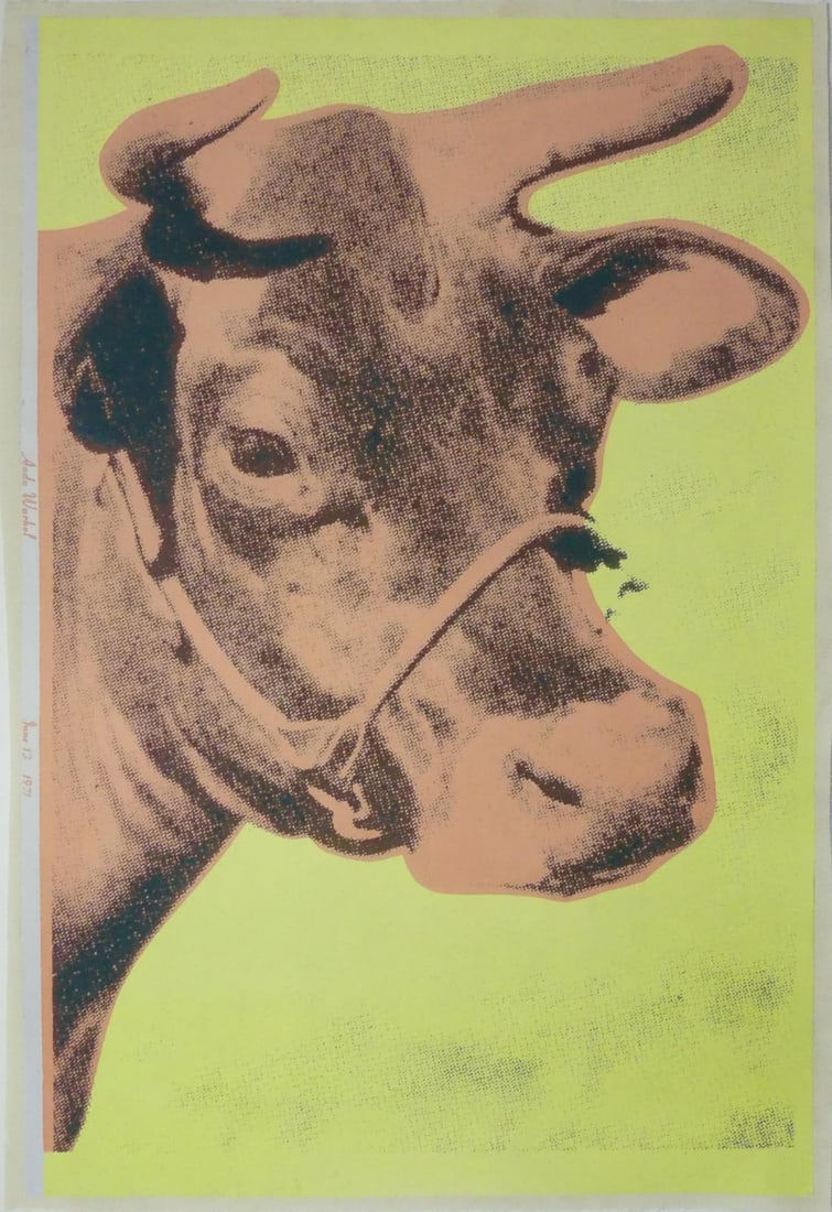 ANDY WARHOL COW 'PEACH ON YELLOW' LITHOGRAPH: Andy Warhol 'Cow' color lithograph depicting a peach cow on yellow ground. Signed in the plate to left margin. Mounted to canvas. Sheet measures 45 1/4" x 29 1/2".