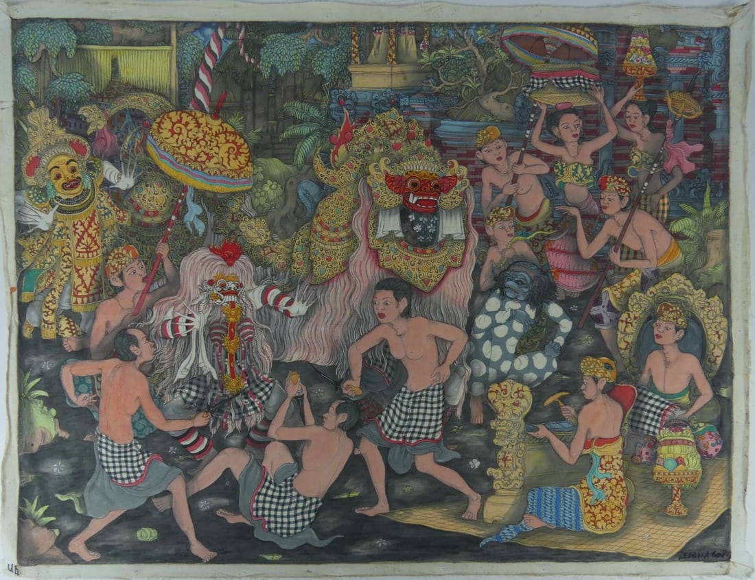 BALINESE CEREMONIAL PAINTING ON CANVAS SIGNED (1 of 6)