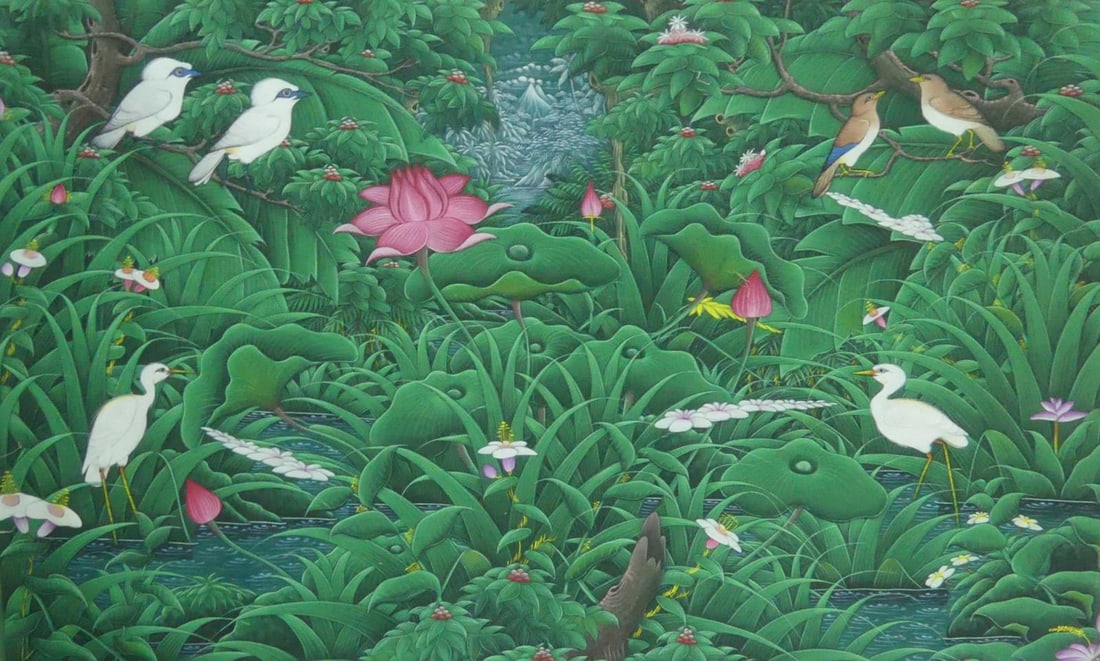 BALINESE 'BIRDS & LOTUS BLOSSOM' PAINTING (1 of 6)