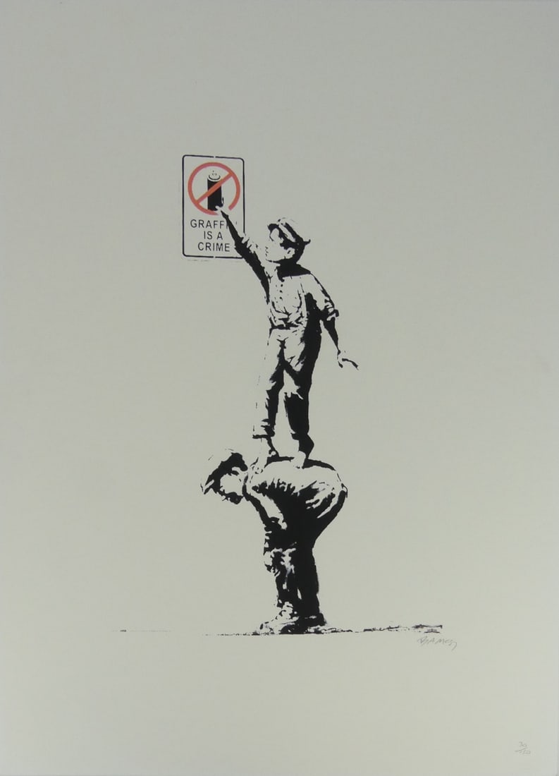 BANKSY 'GRAFFITI IS A CRIME' LITHOGRAPH: Banksy 'Graffiti is a Crime' lithograph. Pencil signed and numbered 30/150 lower right. Holds blindstamp lower left. Sheet measures 27 5/8" x 19 5/8".