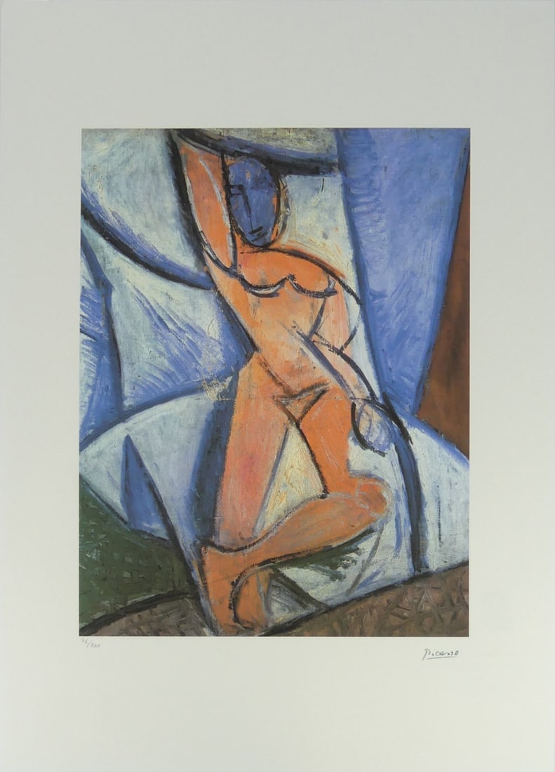 PABLO PICASSO 'LES DEMOISELLES D'AVIGNON' LITHO: Pablo Picasso 'The Virgin of Avignon' lithograph. Signed in the plate lower right. Numbered in pencil 76/200 and holds blindstamp lower left. Marked Copyright Foundation Pablo Picasso to verso. Sheet