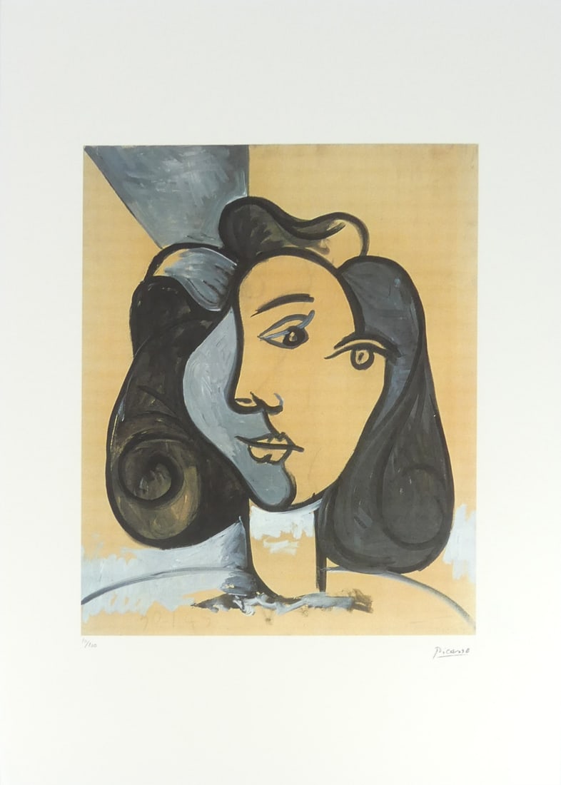 PABLO PICASSO 'PORTRAIT OF FRANCOISE GILOT' LITHO: Pablo Picasso 'Portrait of Francoise Gilot' lithograph. Signed in the plate lower right. Numbered in pencil 10/200 and holds blindstamp lower left. Marked Copyright Foundation Pablo Picasso to verso.