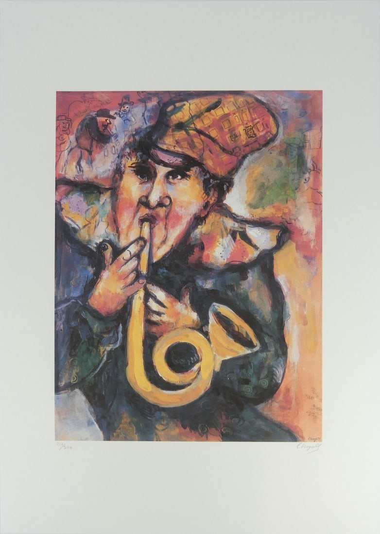 MARC CHAGALL 'CLOWN AVEC TROMPETTE' LITHOGRAPH: After Marc Chagall 'Clown Avec Trompette' lithograph. Pencil signed lower right. Numbered 212/300 and holds blindstamp lower left. Sheet measures 27 5/8" x 19 5/8".