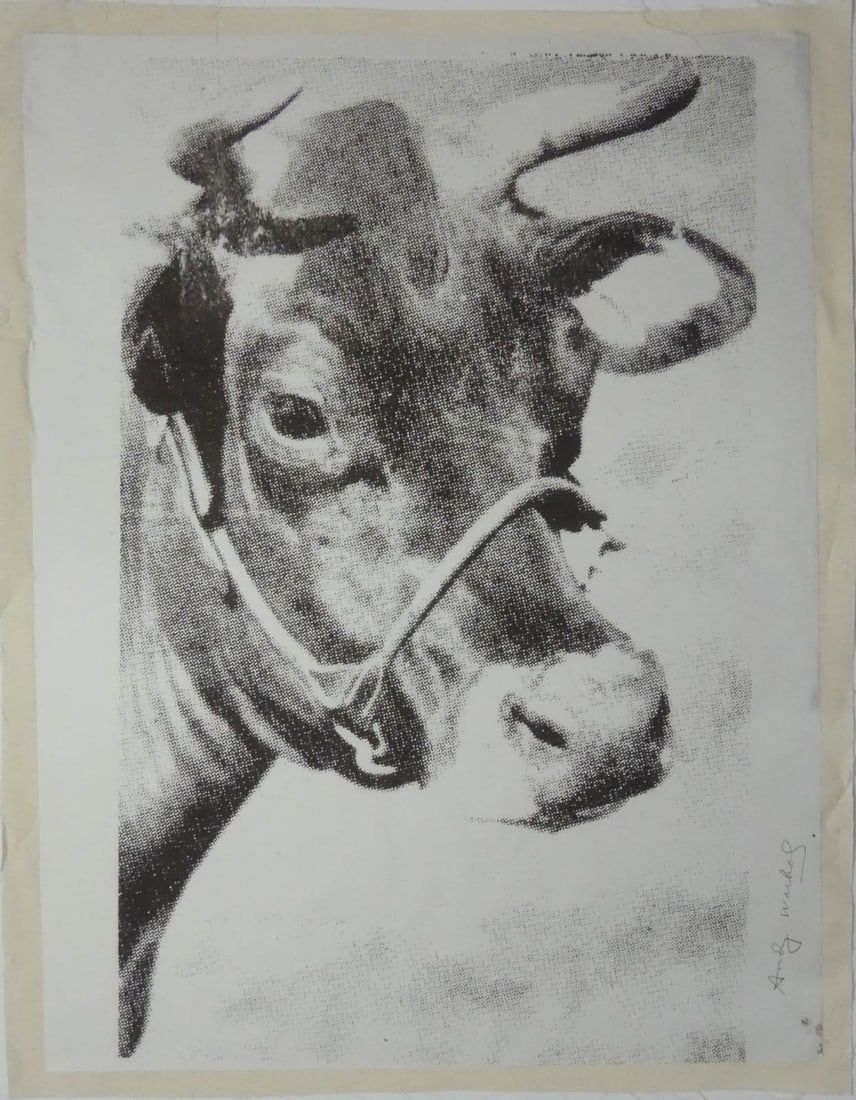 ANDY WARHOL 'COW' SIGNED LITHOGRAPH: Andy Warhol black and white cow lithograph. Pencil signed lower right. Mounted to canvas. Sheet measures 43" x 34".