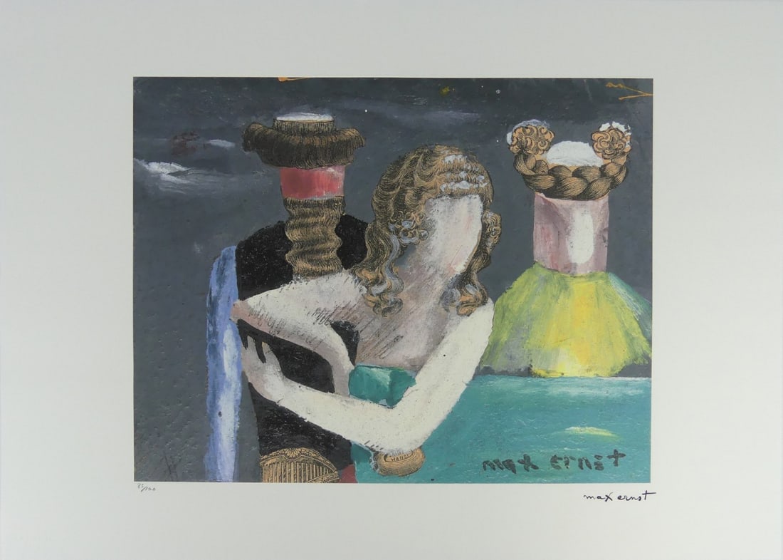 MAX ERNST 'THE SUNDAY GUESTS' LITHOGRAPH: Max Ernst 'The Sunday Guests' lithograph. Signed in the plate lower right. Numbered in pencil 85/100 and holds blindstamp lower left. Sheet measures 27 5/8" x 19 5/8".