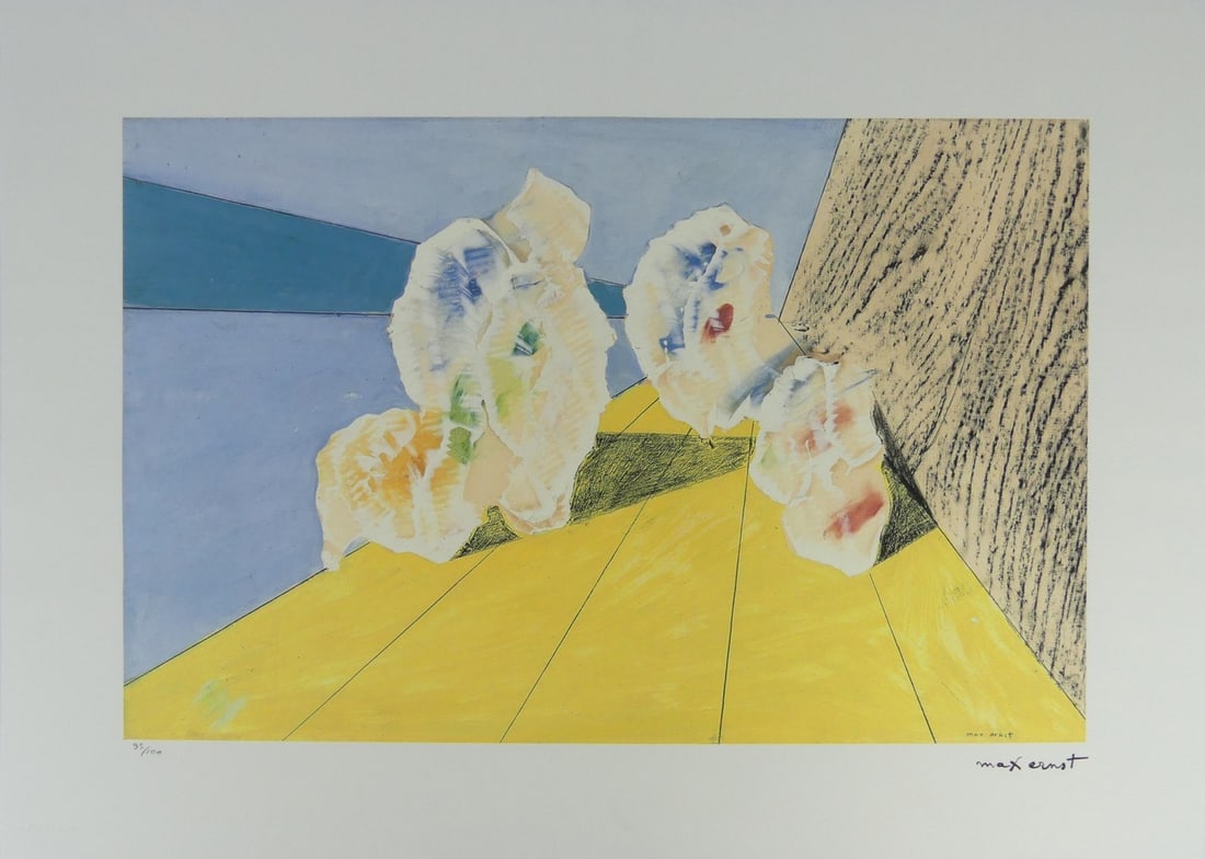 MAX ERNST 'COQUILLAGE JAUNE' LITHOGRAPH: Max Ernst 'Coquillage Jaune' lithograph. Signed in the plate lower right. Numbered in pencil 95/100 and holds blindstamp lower left. Sheet measures 27 5/8" x 19 5/8".