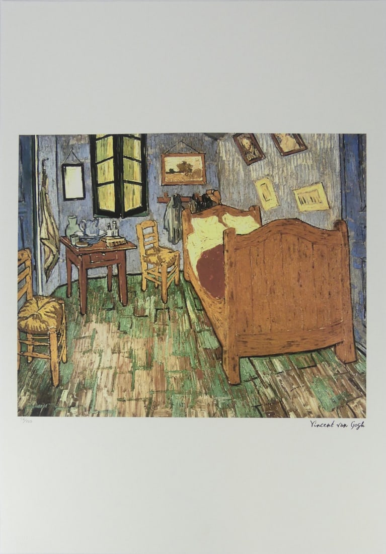 VINCENT VAN GOGH 'BEDROOM IN ARLES' LITHOGRAPH: Vincent van Gogh 'Bedroom in Arles' lithograph. Signed in the plate lower right. Numbered in pencil 56/250 and holds blindstamp lower left. Sheet measures 27 5/8" x 19 5/8".
