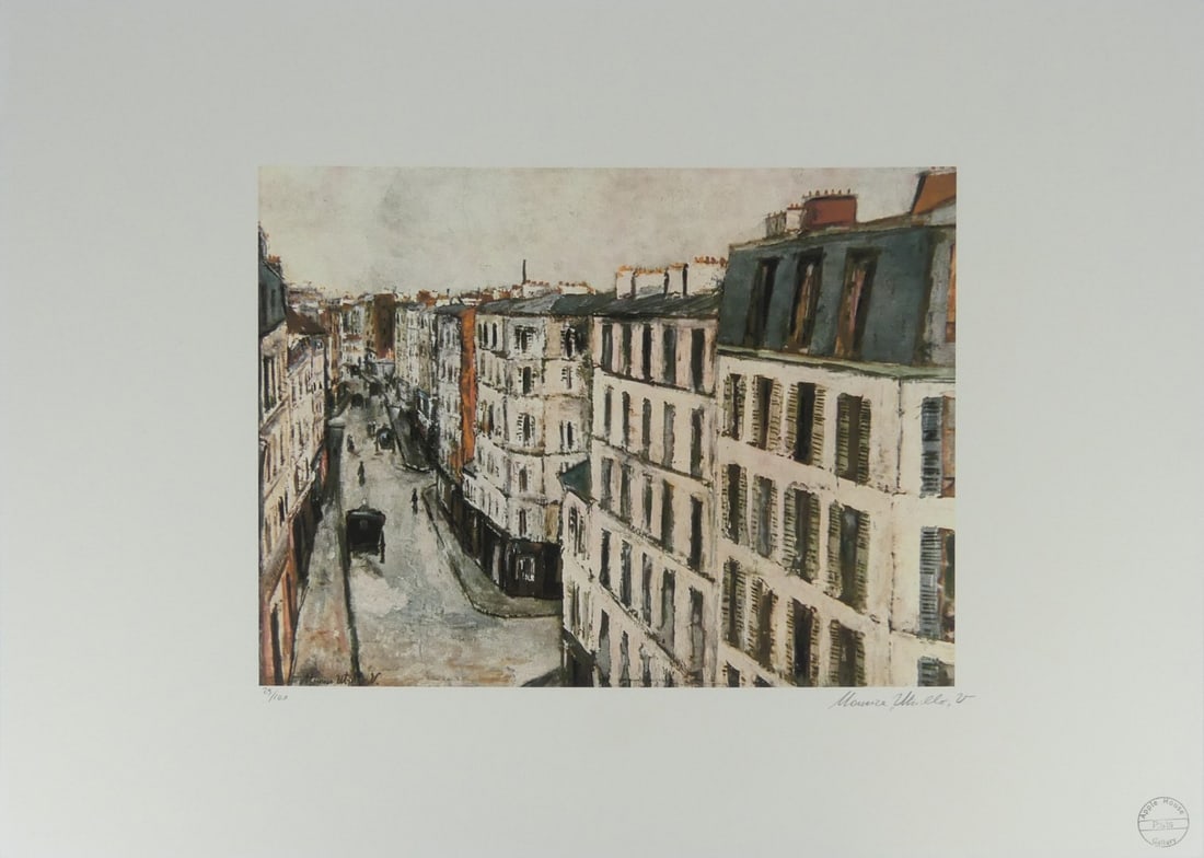 MAURICE UTRILLO 'RUE DE LA JONQUIERE' LITHOGRAPH: Maurice Utrillo 'Rue De La Jonquiere' lithograph. Pencil signed and stamped lower right. Numbered 23/100 and holds blindstamp lower left. Sheet measures 27 5/8" x 19 5/8".