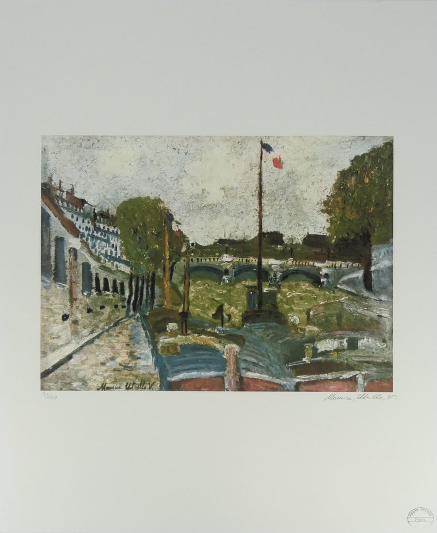 MAURICE UTRILLO 'PONT NEUF' LITHOGRAPH: Maurice Utrillo 'Pont Neuf' lithograph. Pencil signed and stamped lower right. Numbered 35/100 and holds blindstamp lower left. Includes COA. Sheet measures 27 5/8" x 19 5/8".