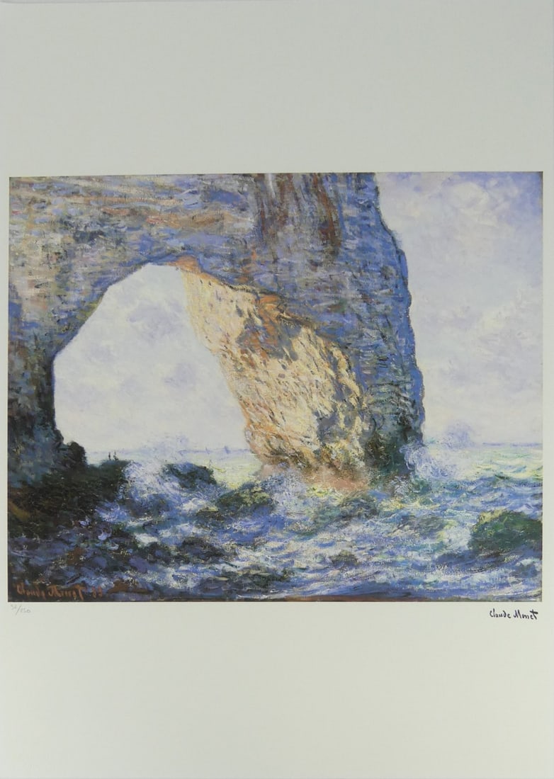 CLAUDE MONET 'LA MANNEPORTE, ETRETAT' LITHOGRAPH: Claude Monet 'The Rocky Cliffs of Etretat' lithograph. Signed in the plate lower right. Numbered in pencil 32/250 and holds blindstamp lower left. Sheet measures 27 5/8" x 19 5/8".