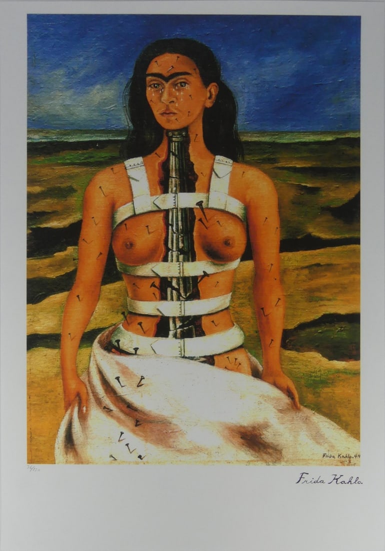 FRIDA KAHLO 'LA COLUMNA ROTA' LITHOGRAPH: Frida Kahlo 'The Broken Column' lithograph. Signed in the plate lower right. Numbered in pencil 36/250 and hold blindstamp lower left. Sheet measures 27 1/2" x 19 5/8".