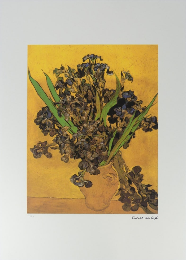 VINCENT VAN GOGH 'VASE WITH IRISES' LITHOGRAPH: Vincent van Gogh 'Vase With Irises' lithograph. Signed in the plate lower right. Numbered in pencil 199/250 and holds blindstamp lower left. Sheet measures 27 5/8" x 19 5/8".