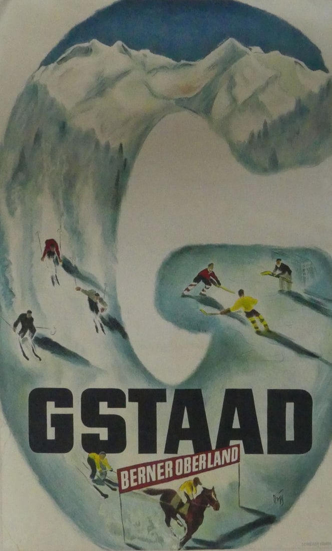 GSTAAD 'BERNER OBERLAND' TRAVEL POSTER: Gstaad 'Berner Oberland' reprint poster. Mounted to canvas. Sheet measures 40" x 21 3/4".