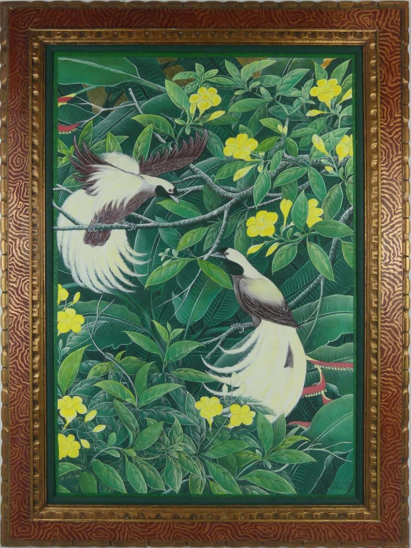 BALINESE 'BIRDS OF PARADISE' PAINTING SIGNED (1 of 9)