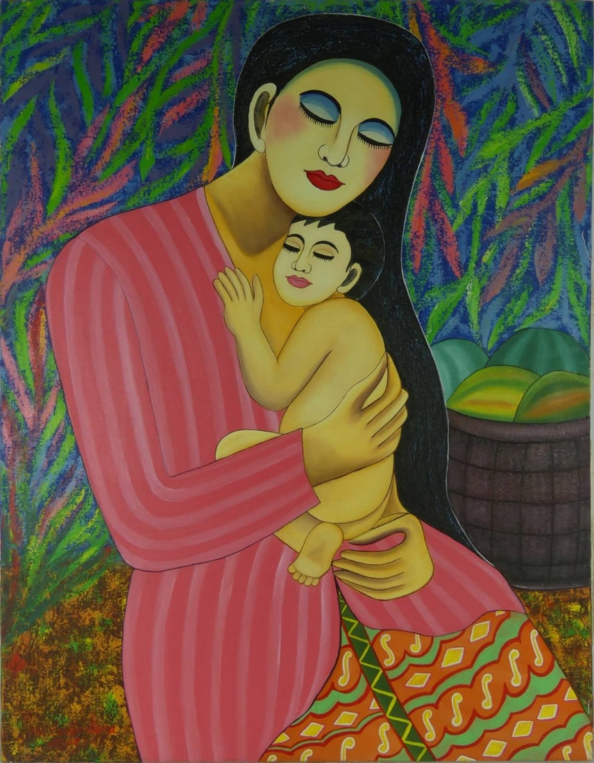 BALINESE 'MOTHER & CHILD' SIGNED PAINTING: Balinese school painting on canvas depicting mother and child. Signed illegibly lower left. Measures 35 1/2" x 27 1/2".