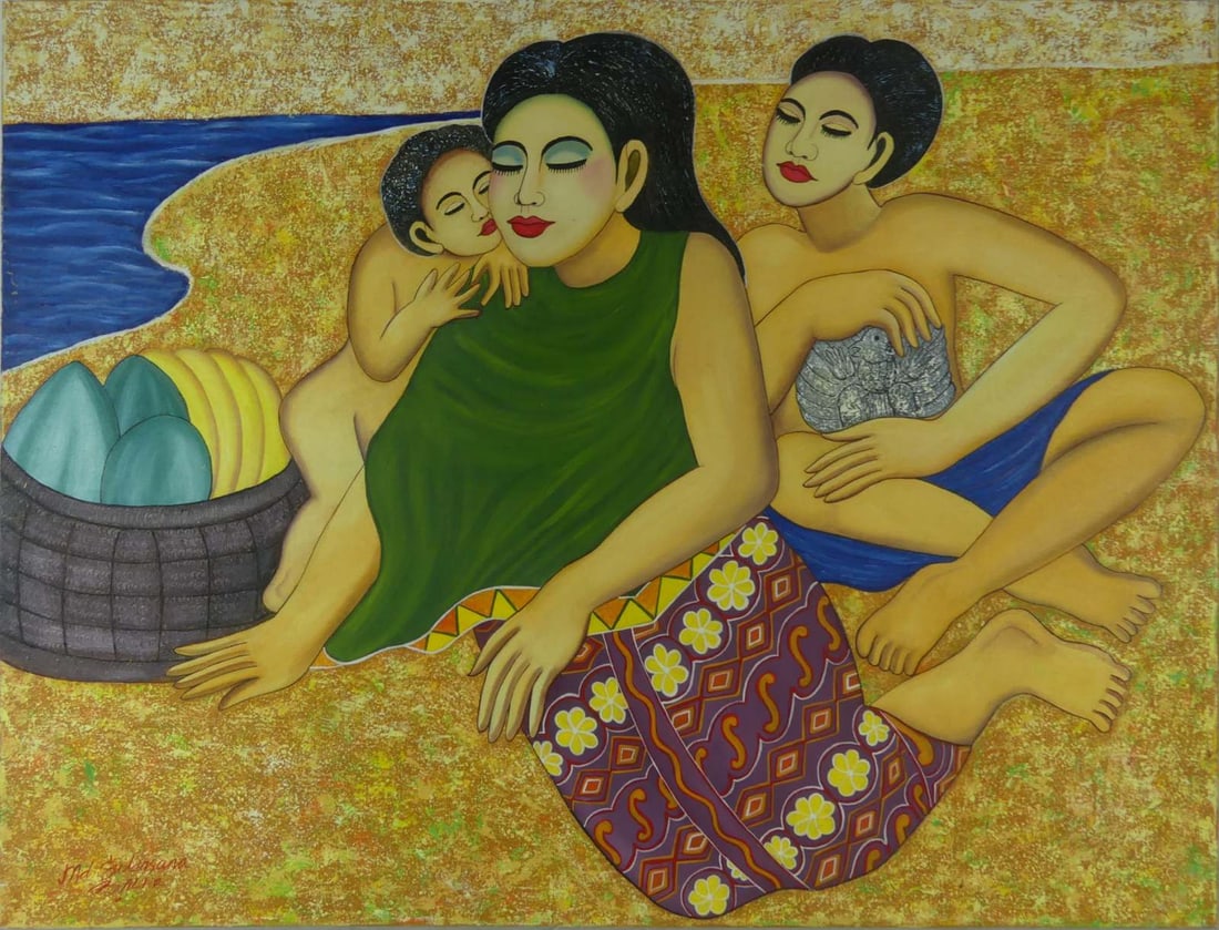 BALINESE 'WOMEN w COCONUTS' SIGNED PAINTING (1 of 7)