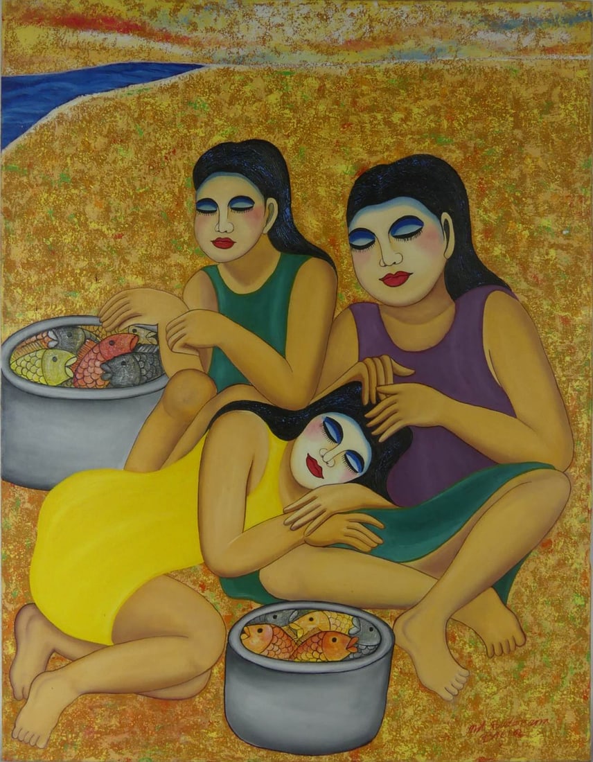 BALINESE 'FEMALE FISH MERCHANTS' SIGNED PAINTING (1 of 6)