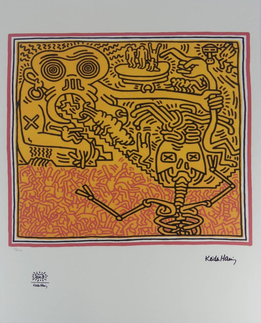 KEITH HARING 'UNTITLED' LITHOGRAPH: Keith Haring 'Untitled' lithograph. Signed in the plate lower right. Numbered in pencil 18/150 and holds blindstamp to lower left. Sheet measures 27 5/8" x 19 5/8".