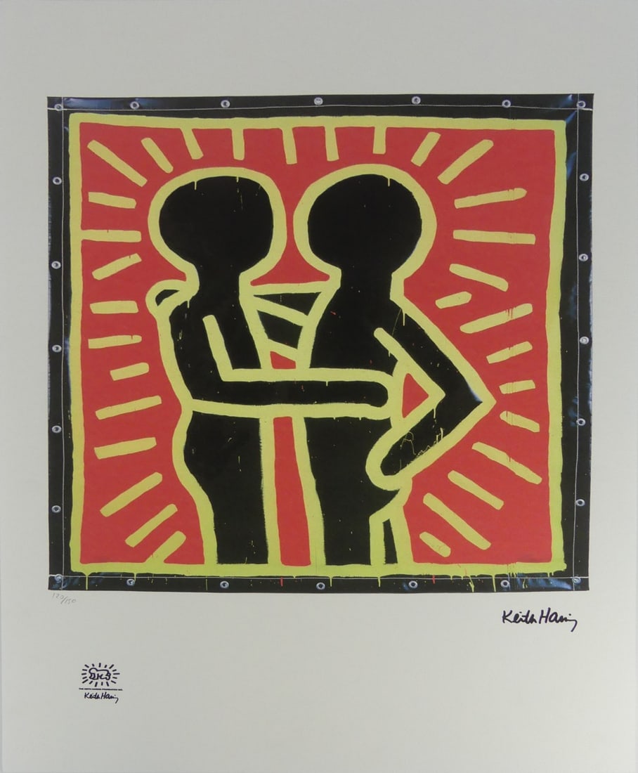 KEITH HARING 'COUPLE' LITHOGRAPH: Keith Haring 'Couple' lithograph. Signed in the plate lower right. Numbered in pencil 120/150 and holds blindstamp to lower edge. Sheet measures 27 5/8" x 19 5/8".