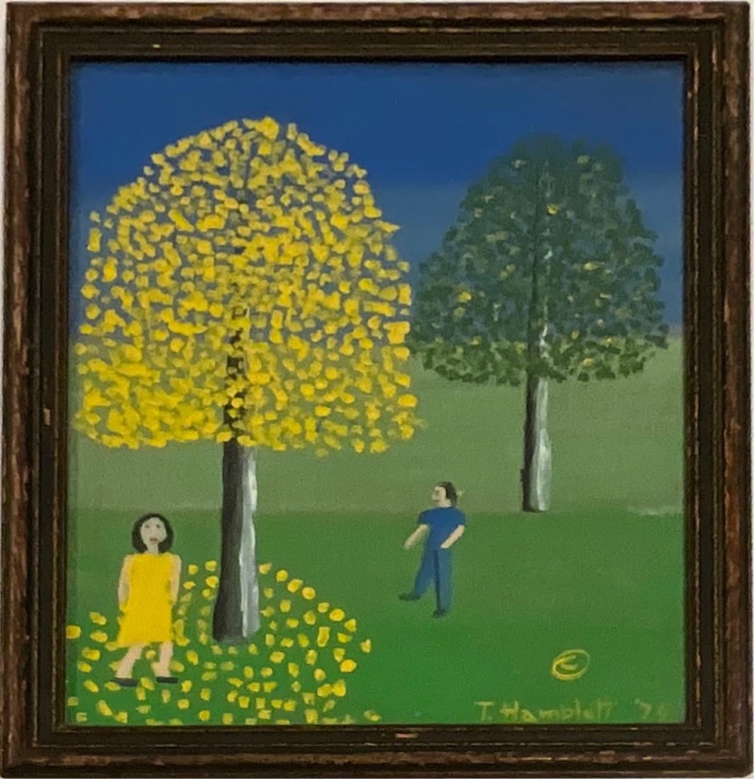 THEORA HAMBLETT OIL PAINTING ON BOARD: Oil painting on canvas board depicting a landscape after Theora Alton Hamblett. Depicts two large trees with two figures. Signed and dated 1974 lower right. Holds label to verso. Viewable measures 13"